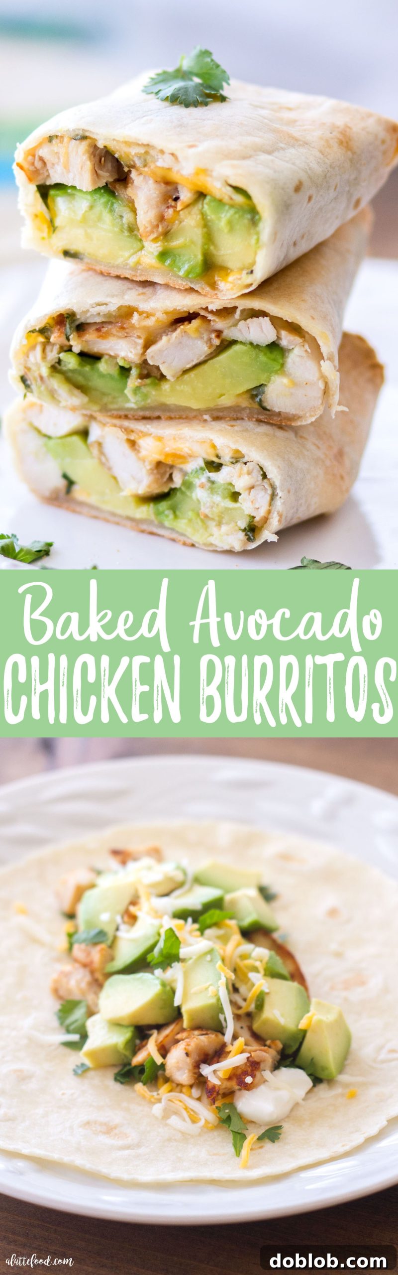 Hearty Oven-Baked Chicken & Avocado Burritos 9 A vibrant and appealing photo of a finished Baked Avocado Chicken Burrito, garnished with fresh avocado slices and cilantro, highlighting its homemade goodness.