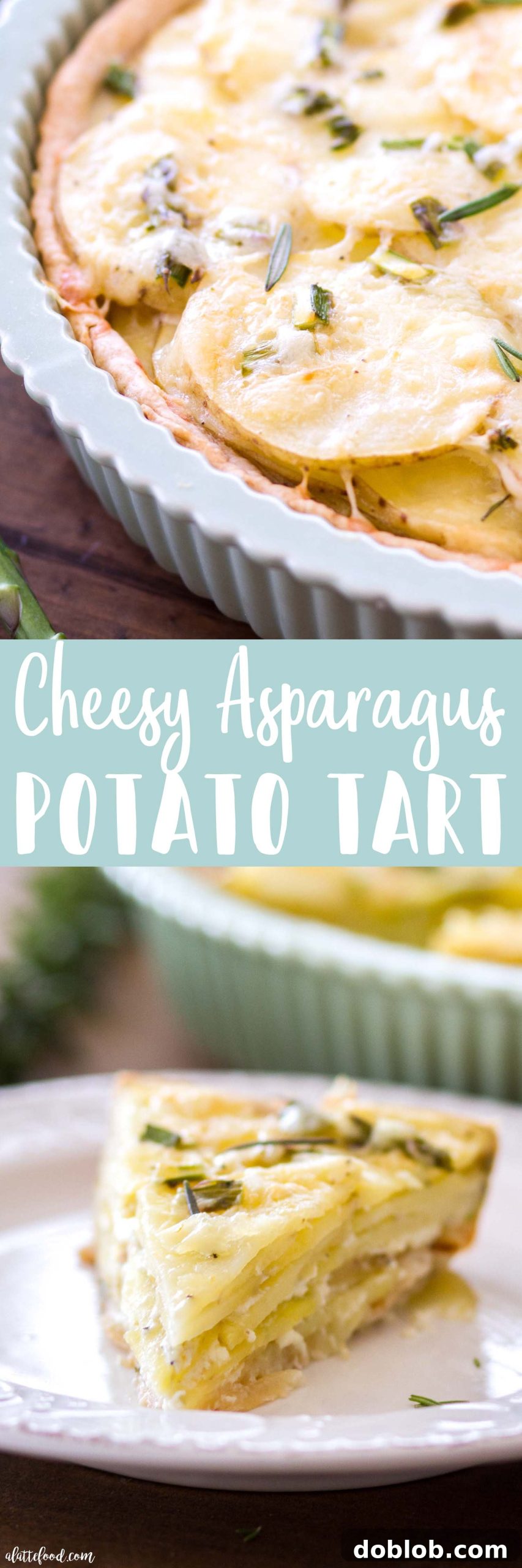 Full Cheesy Asparagus Potato Tart with a slice removed, showing off the perfectly baked layers.