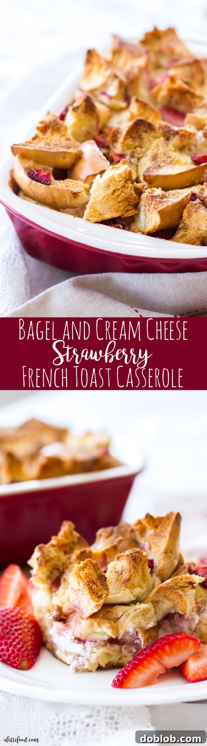 A visually stunning top-down view of the baked Bagel and Cream Cheese Strawberry French Toast Casserole, showcasing its rich golden crust, vibrant red strawberries, and creamy white accents.