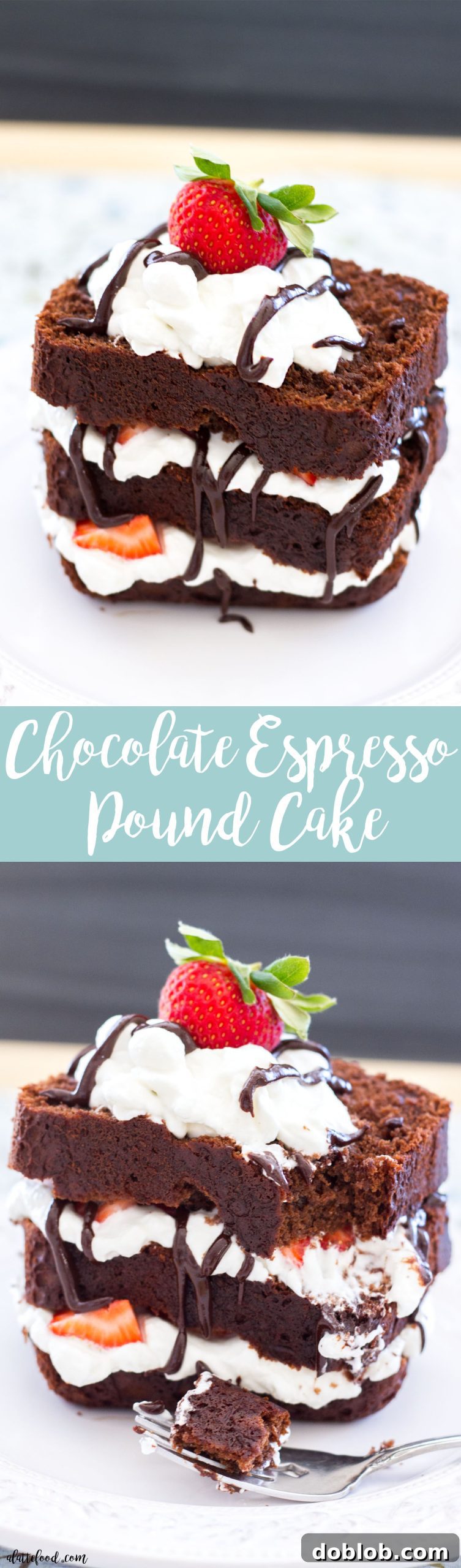 Beautifully styled image of a complete Chocolate Espresso Pound Cake on a serving platter, ready to be enjoyed