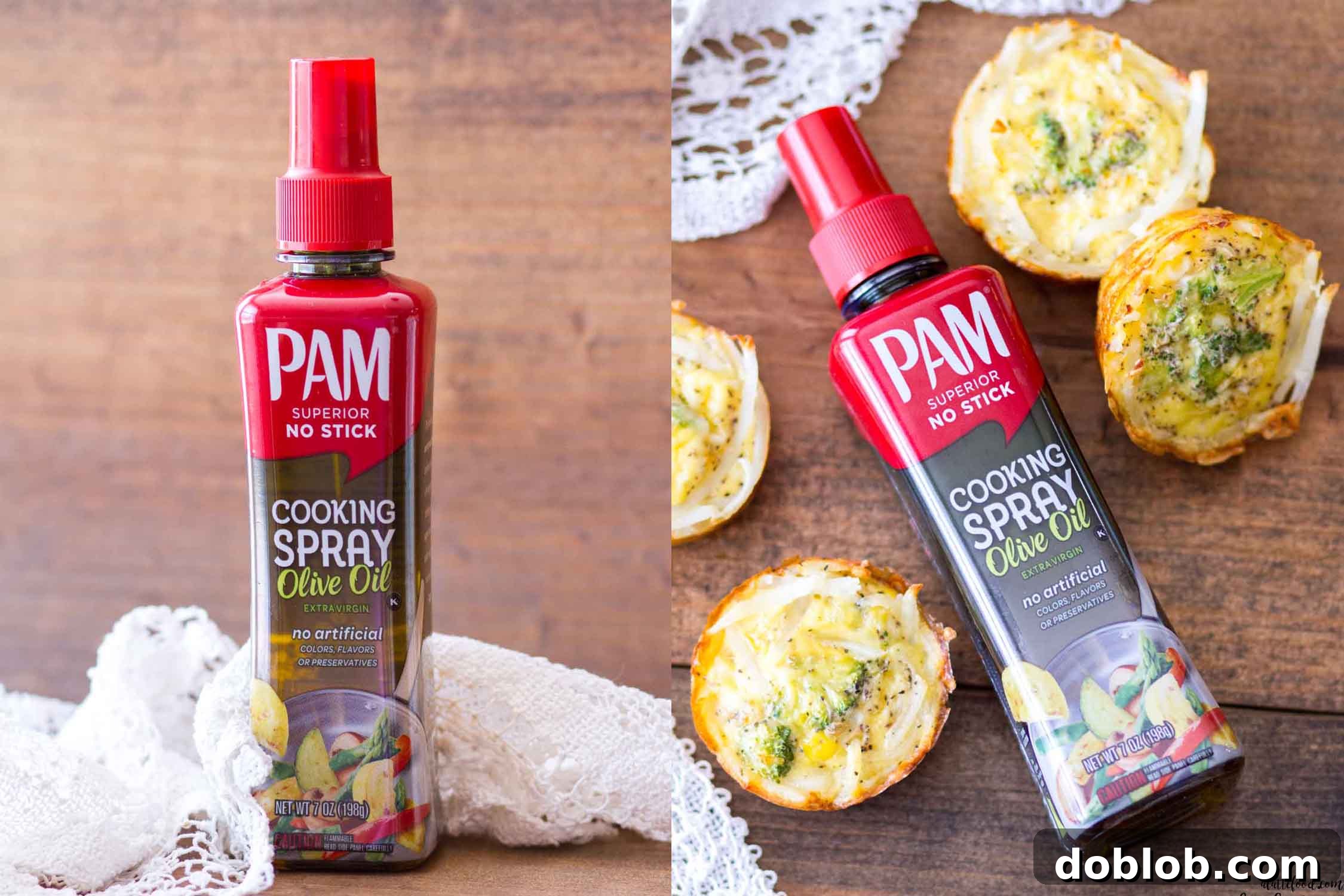 Close-up view of a single hash brown quiche cup, showcasing the golden crust and visible broccoli and cheddar cheese