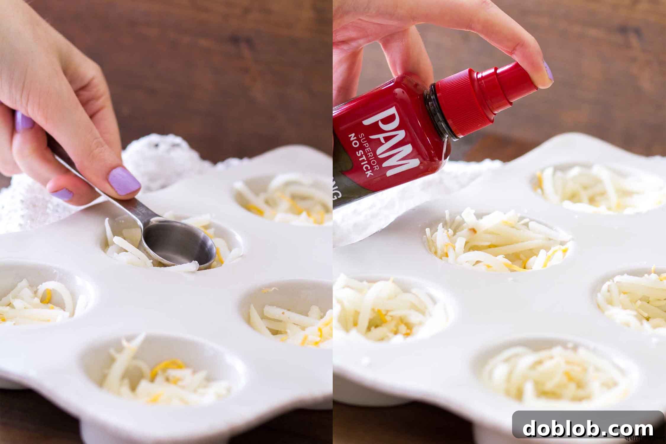A baking sheet of freshly baked hash brown crusted quiche cups, golden and inviting, just out of the oven