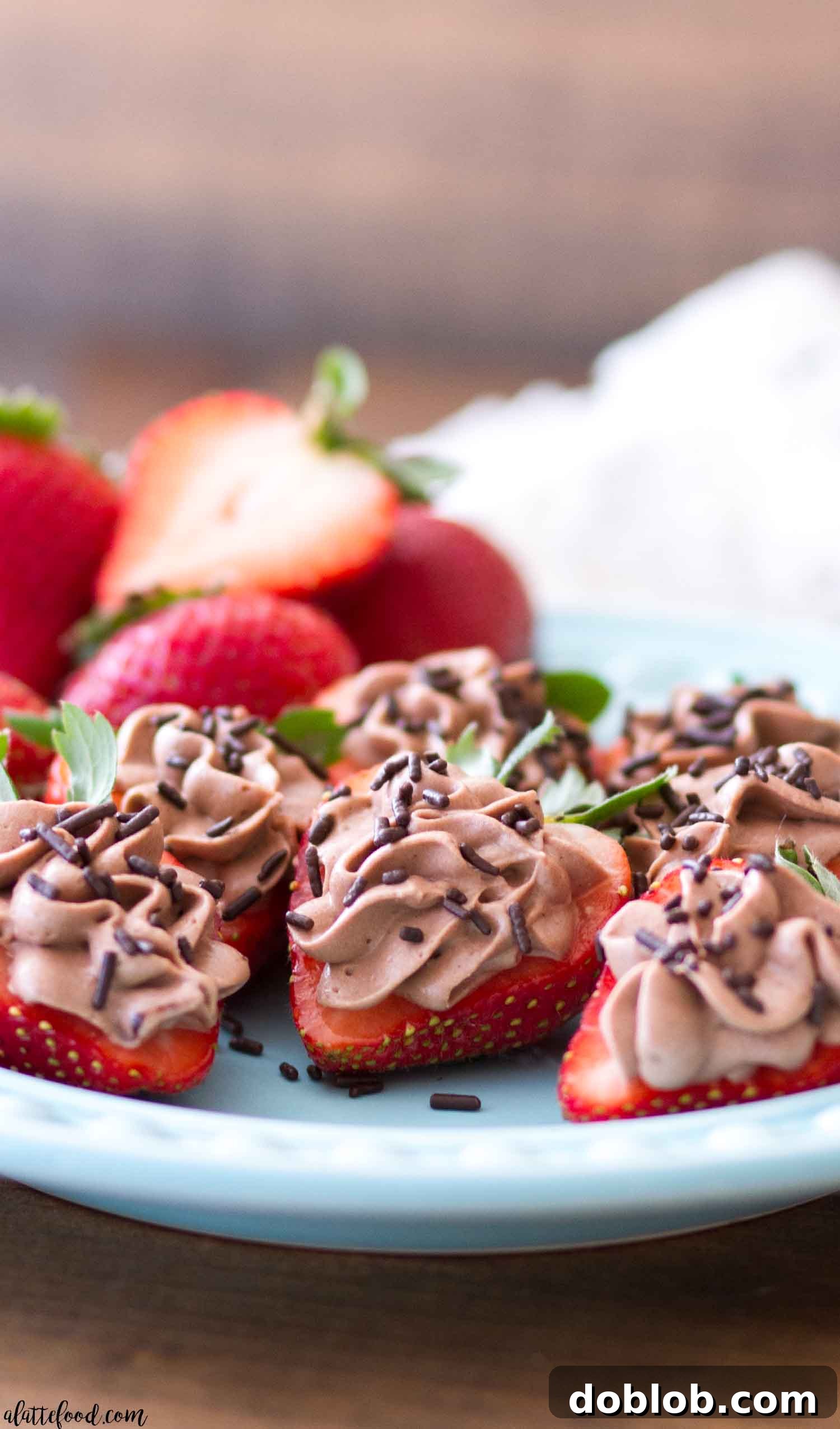 Quick 6-Ingredient Chocolate Strawberry Dessert A vibrant platter of No Bake Chocolate Cheesecake Stuffed Strawberries, showcasing their fresh appeal and delightful presentation.