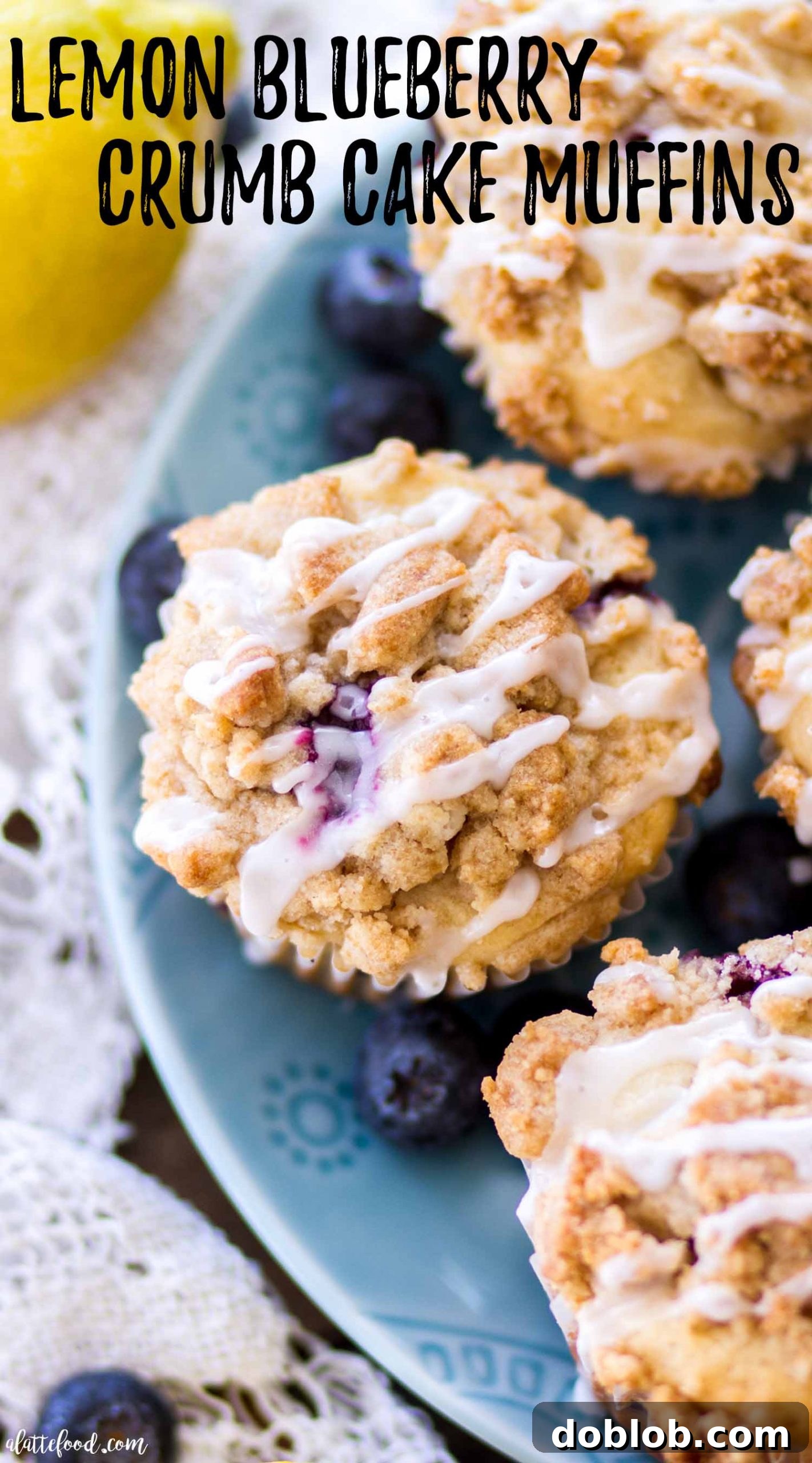 Fluffy Lemon Blueberry Muffins with crumb topping and glaze Golden-brown blueberry lemon muffins featuring a delightful crumb topping, perfect for any occasion