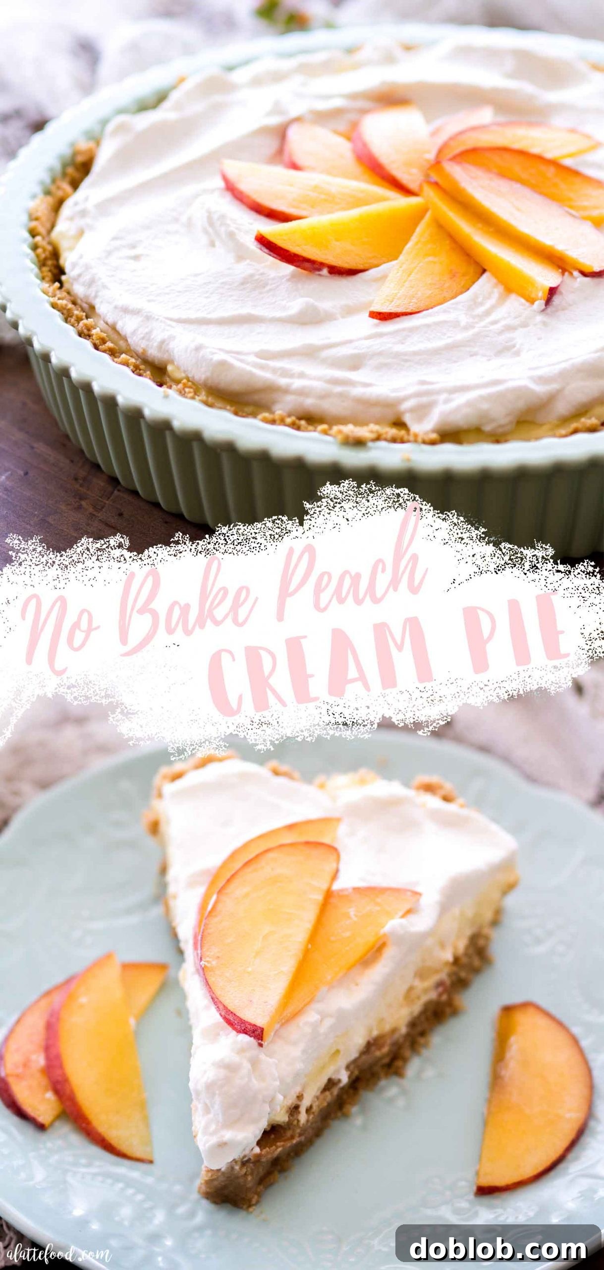 A collage of various images of No Bake Peach Cream Pie, emphasizing its fresh ingredients and inviting appearance.