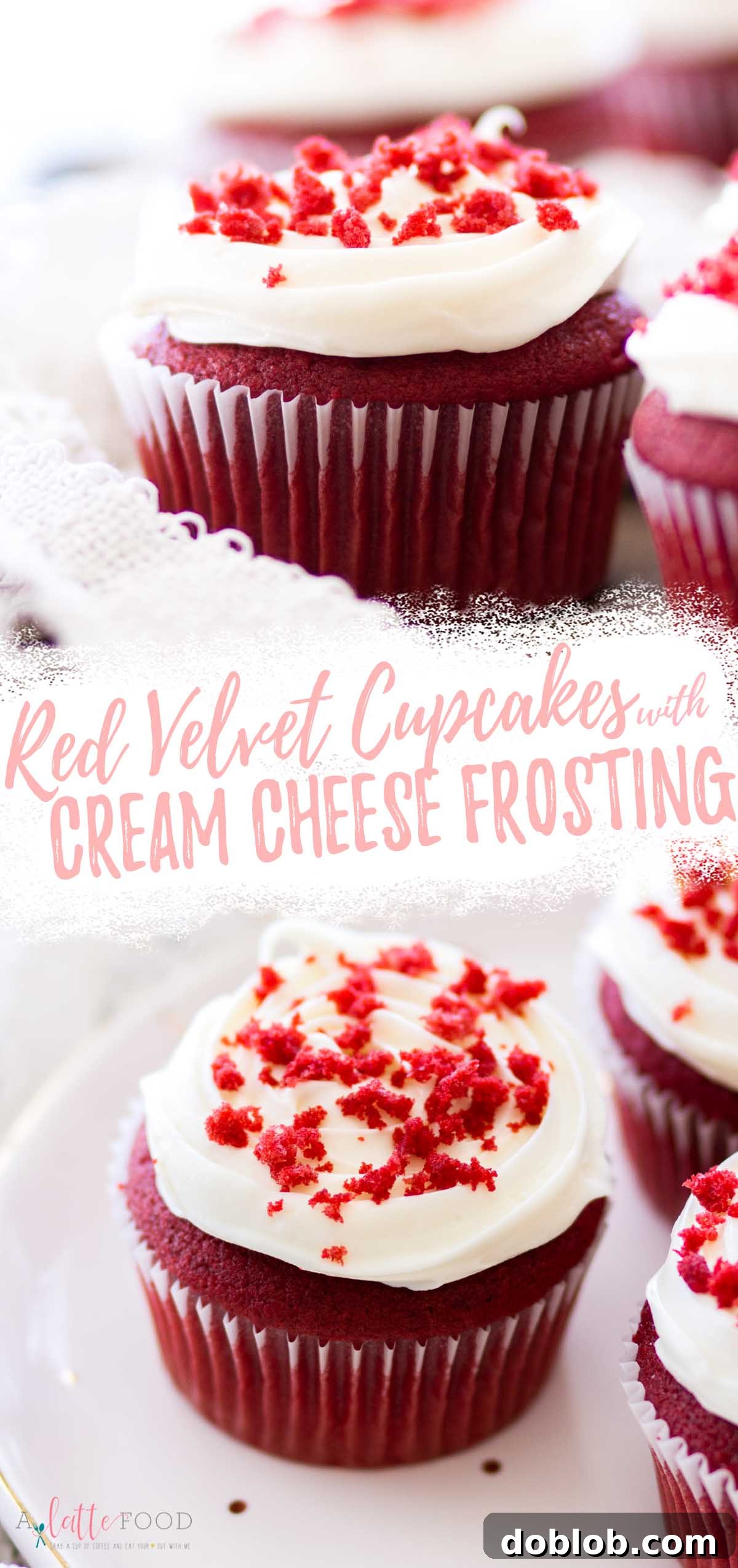 Heavenly Red Velvet Cupcakes 12 red velvet cupcakes with cream cheese frosting and crumbled cake pieces on top