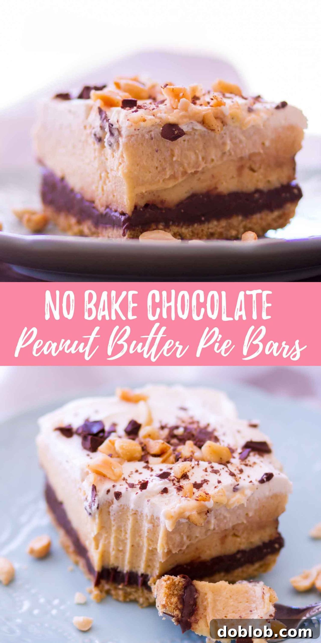 A vibrant collage displaying different stages and views of the no-bake chocolate peanut butter pie bars, with enticing text overlays.