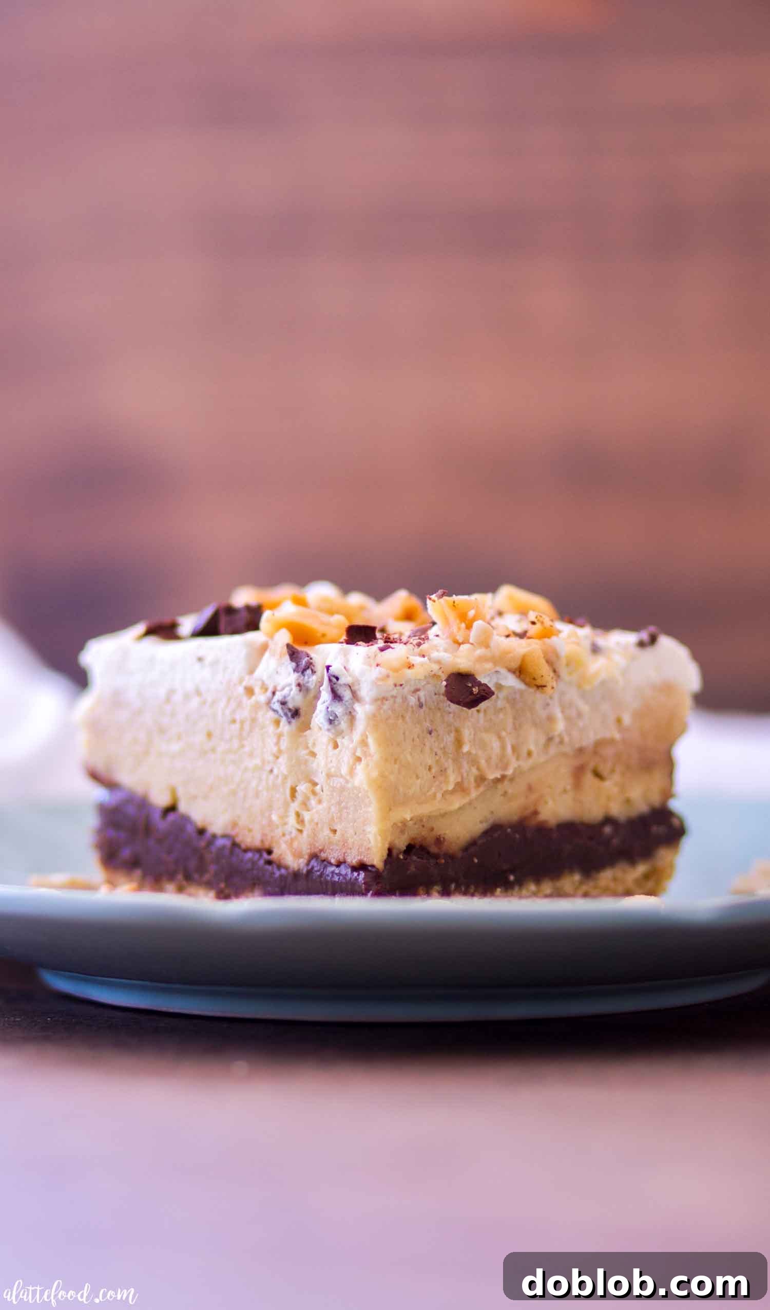 Side view of no-bake chocolate peanut butter pie bars, highlighting the distinct layers of graham cracker crust, chocolate ganache, and peanut butter filling.