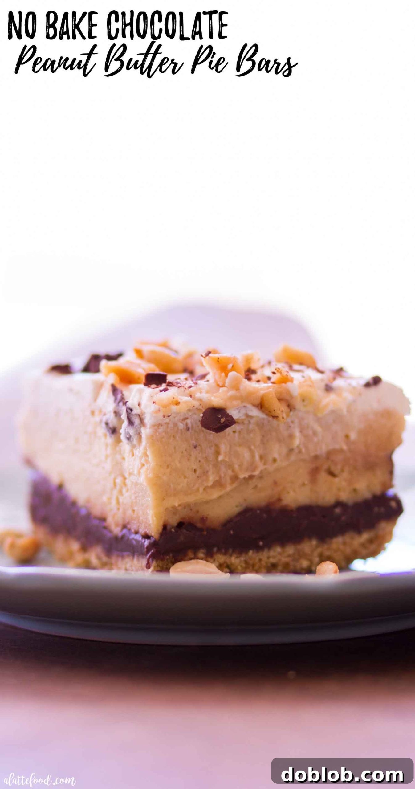 Collage of no-bake chocolate peanut butter pie bars with descriptive text, showing different angles and textures of the dessert.