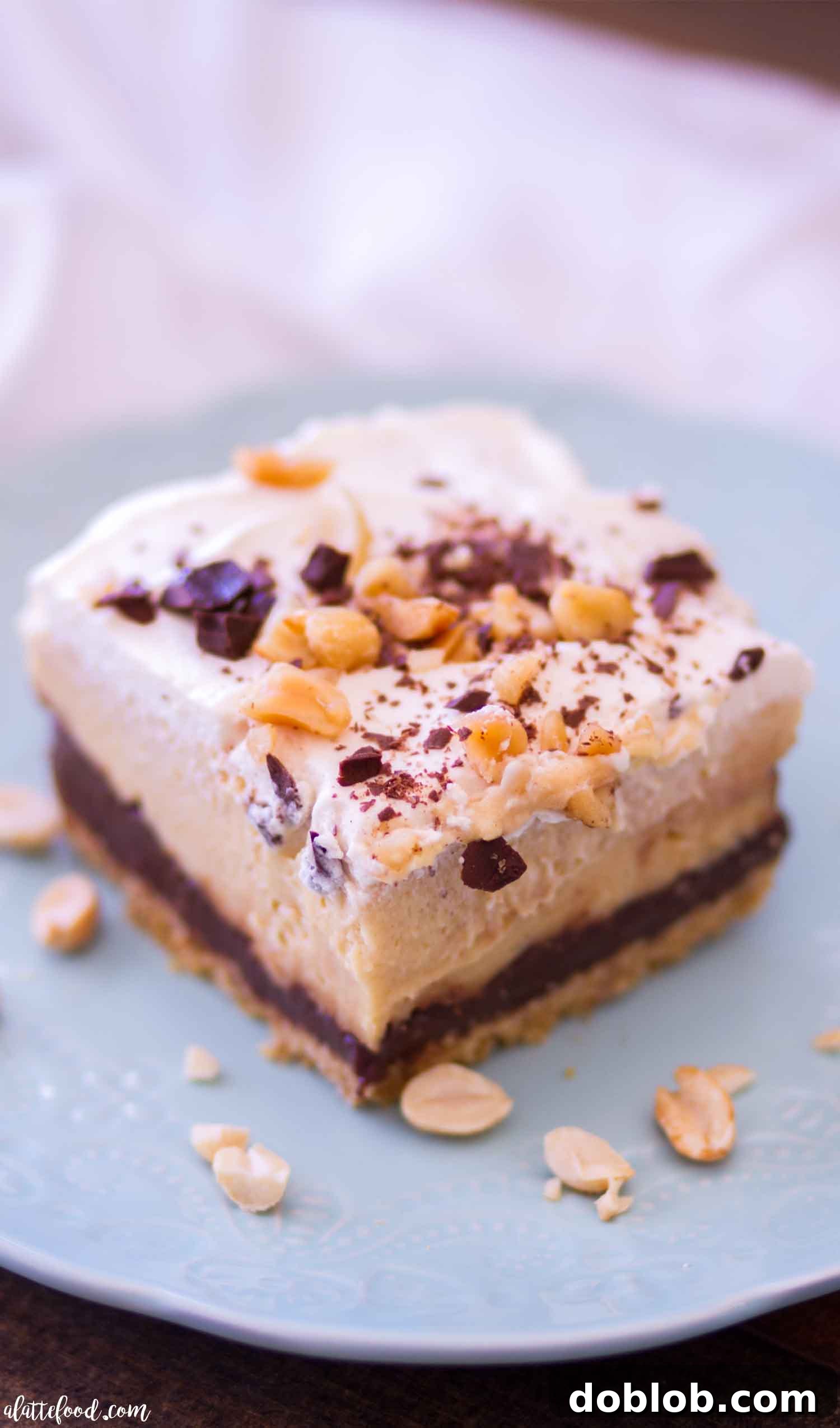 Close-up of a no-bake chocolate peanut butter pie bar on a plate, garnished with chopped peanuts, highlighting the rich textures.