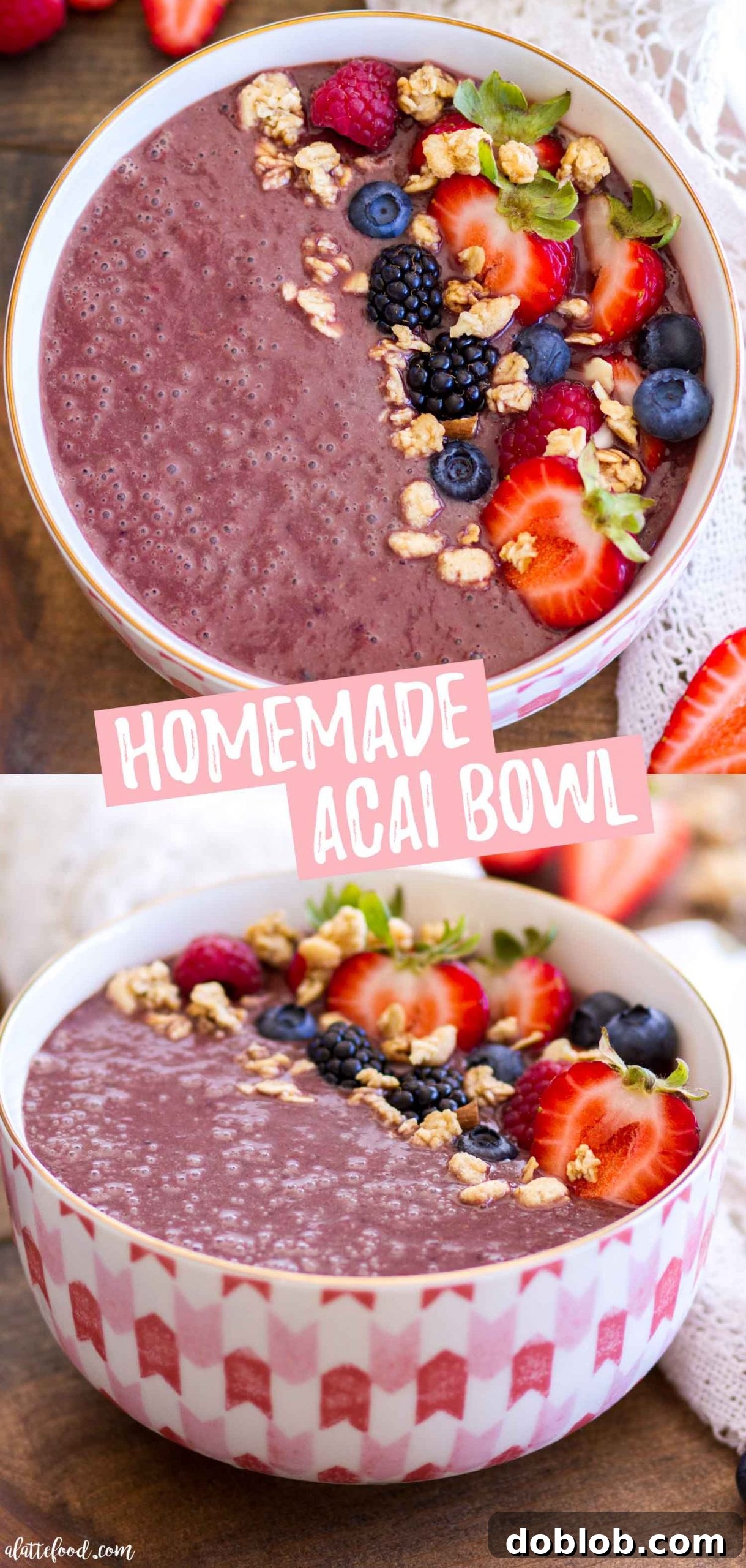 A delicious homemade Açaí bowl, featuring a thick, deep purple Açaí puree base, abundantly topped with fresh granola, vibrant sliced strawberries, and a sprinkling of other berries. The presentation emphasizes a rich and satisfying breakfast. Keywords: homemade Acai bowl, granola, strawberries, healthy breakfast, gluten-free, refined sugar-free, Sambazon, almond milk.