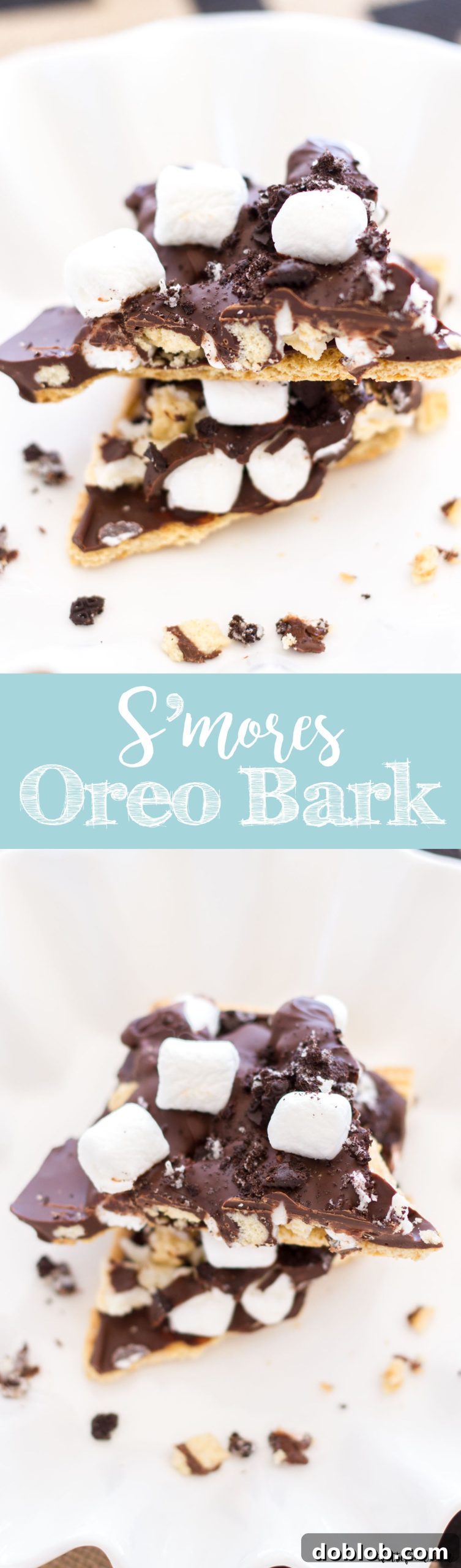 Large pieces of S'mores Oreo Bark piled high, showcasing the enticing layers of chocolate, graham crackers, marshmallows, and Oreos, ready to be enjoyed.
