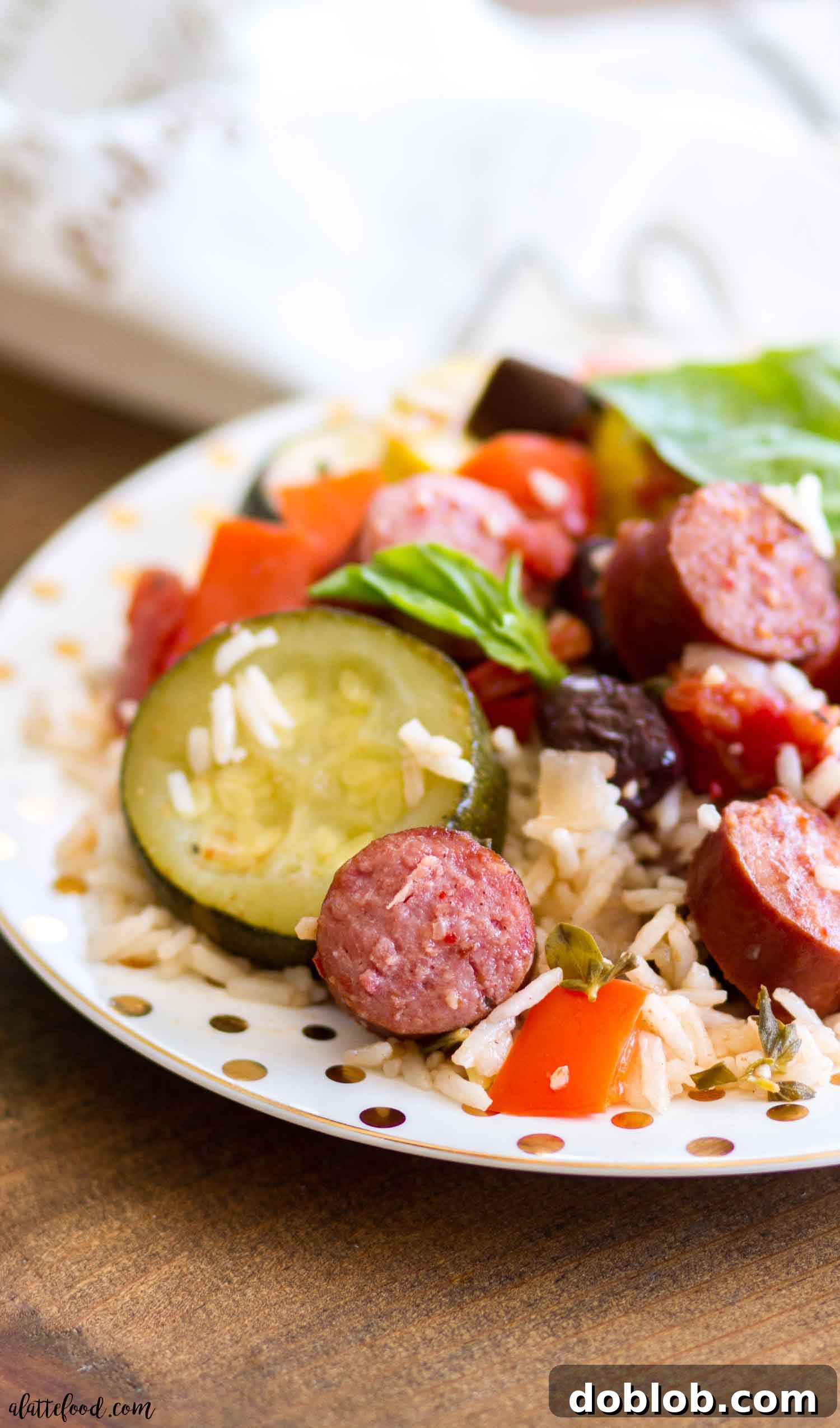 Hillshire Farm Beef Smoked Sausage slices Close-up shot of the savory Hillshire Farm Beef Smoked Sausage, sliced into thick rounds, ready to be incorporated into the hearty Roasted Ratatouille Bowl.