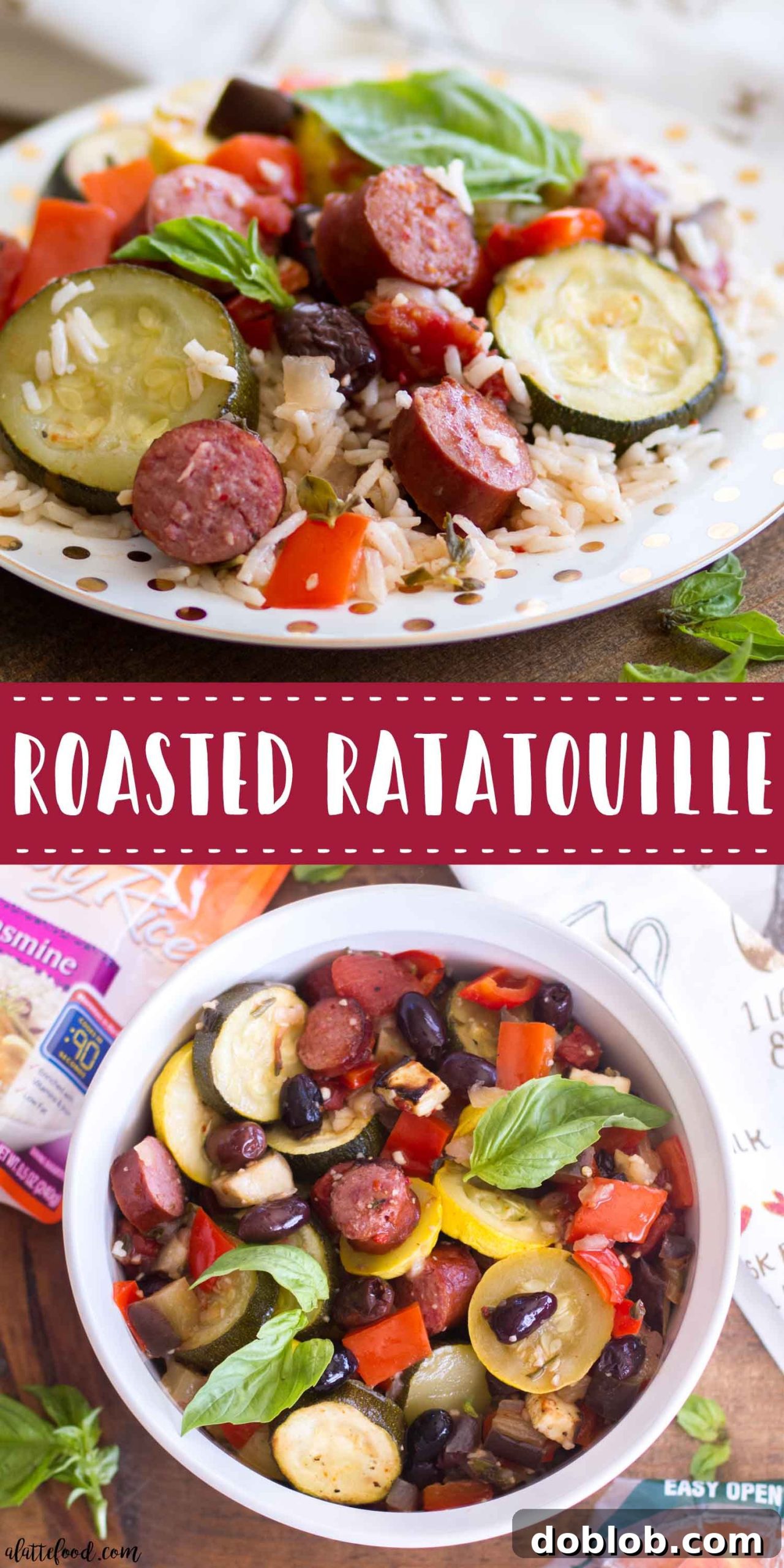 Full View of Roasted Ratatouille Bowl for Fall The final delicious Roasted Ratatouille Bowl, a full view of the hearty and colorful meal, showcasing the roasted vegetables, smoked sausage, and jasmine rice. A perfect wholesome and comforting dinner for any fall evening.