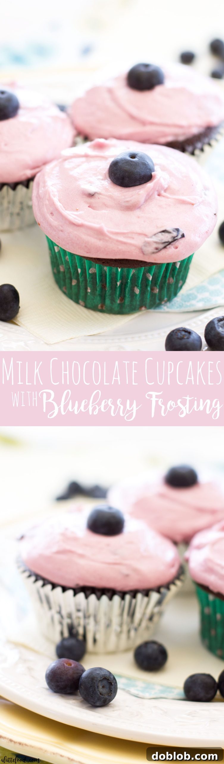 Two hands holding a frosted milk chocolate cupcake with a fresh blueberry on top