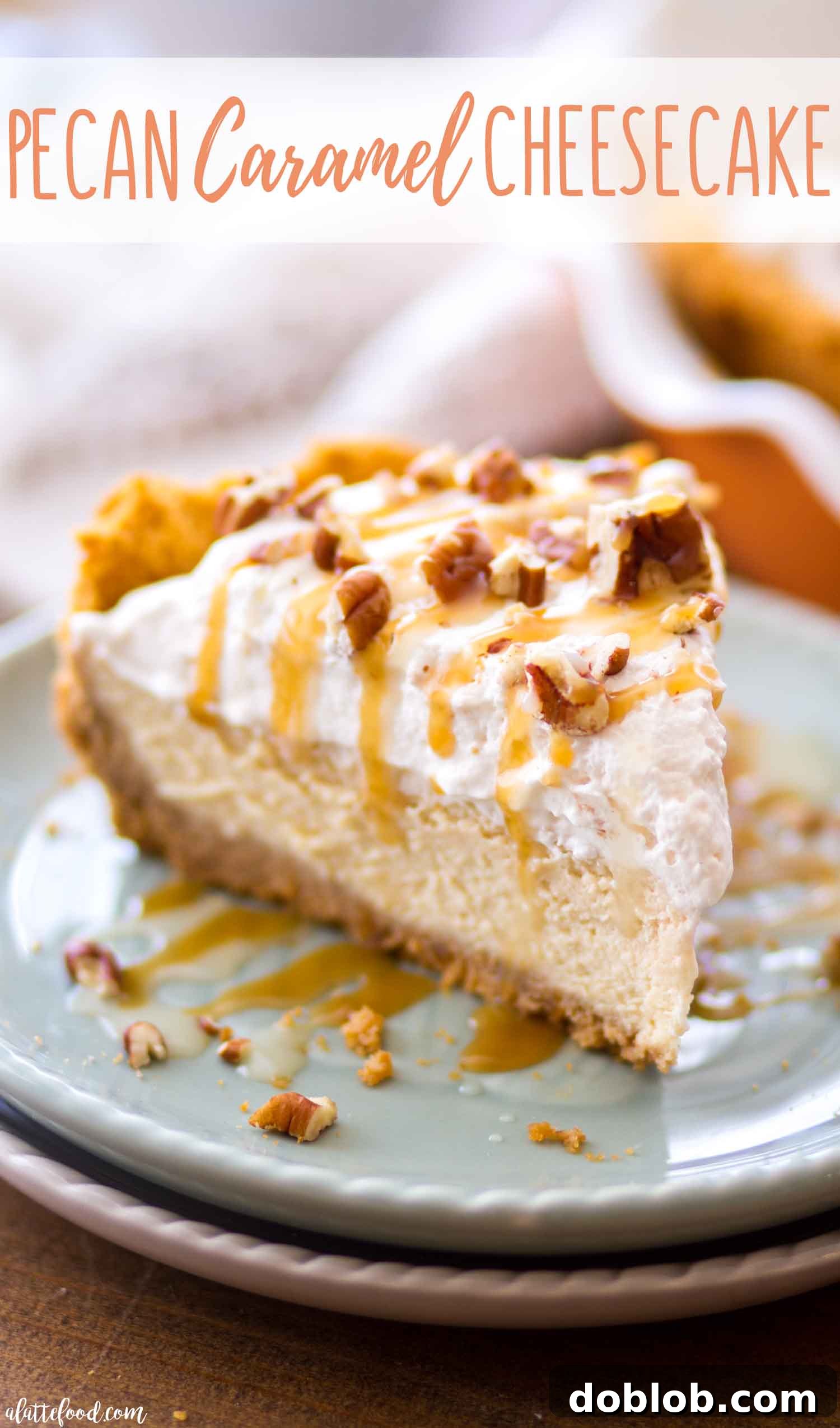 An overhead view of a whole Pecan Caramel Cheesecake, with a perfect homemade graham cracker crust, elegantly drizzled with rich caramel sauce.