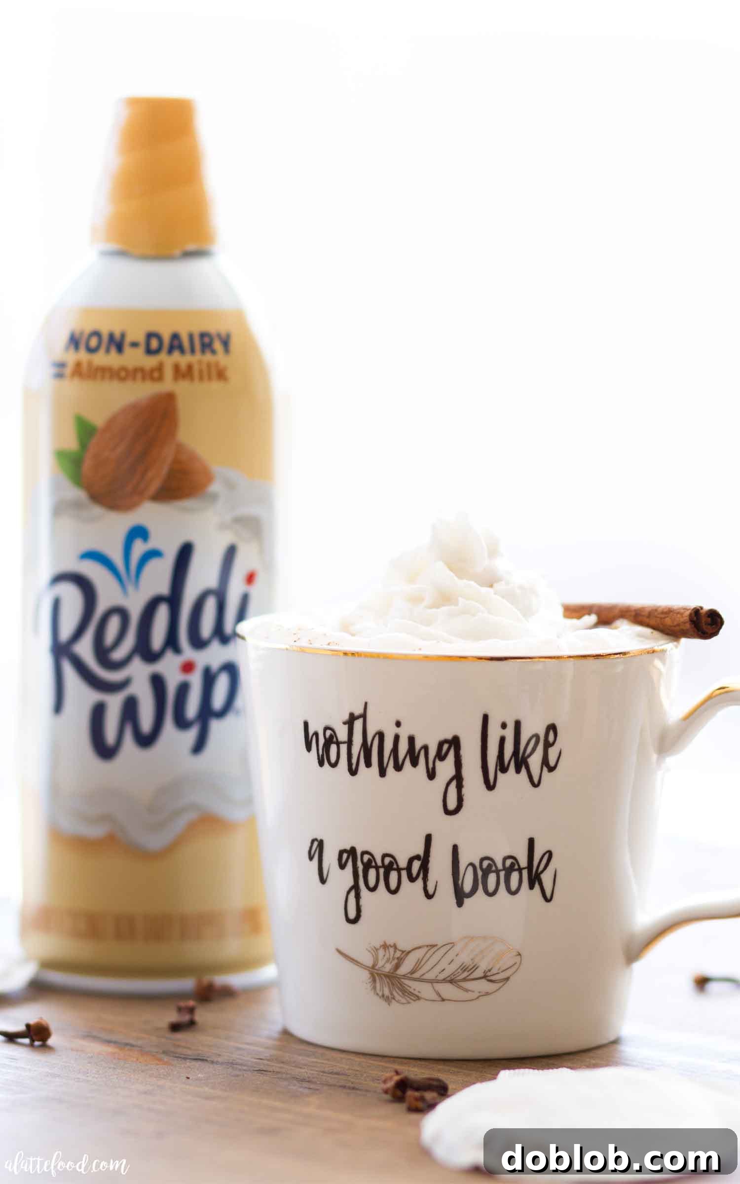 Easy, dairy-free chai latte recipe featuring almond milk and Reddi-wip Almond Non-Dairy whipped topping.